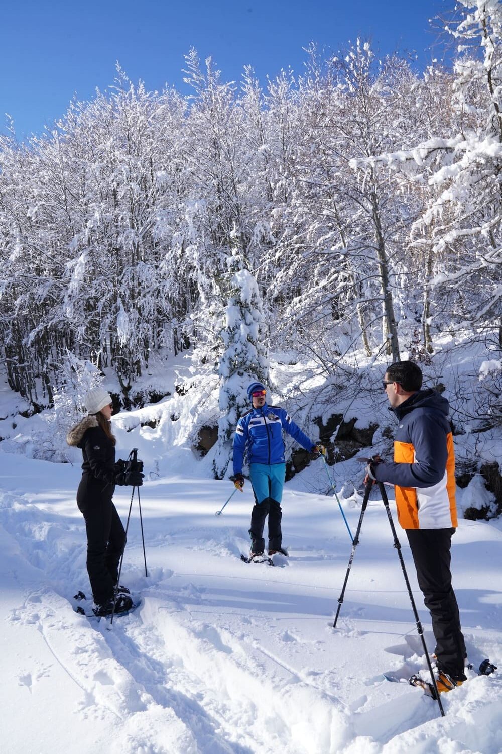 Gruppo di persone durante una ciaspolata invernale con la Scuola Italiana di Sci Val di Luce, circondati dal paesaggio montano innevato